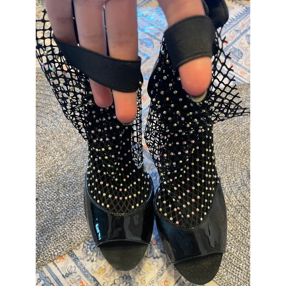Black Patent Rhinestone Fishnet Platform Ankle Boots Open Toe Stiletto Heels